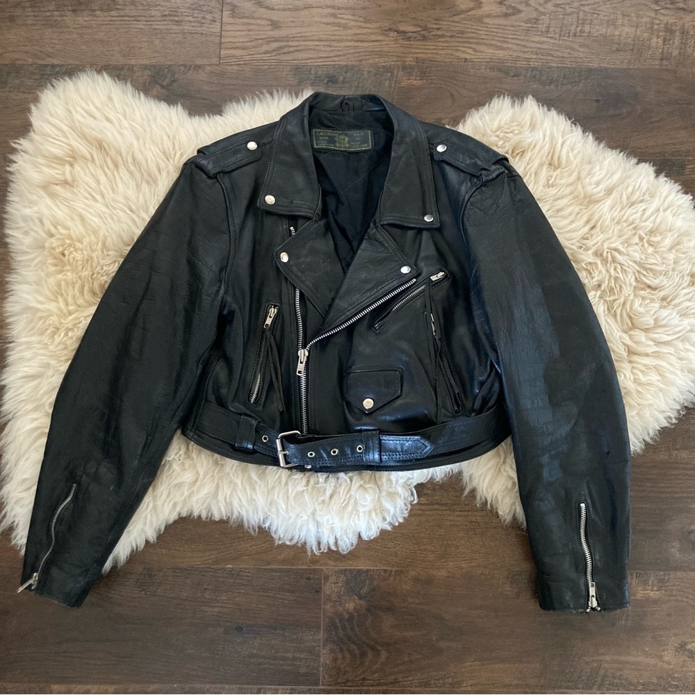 Vintage 80’s Distressed LONDON BLE Black Leather Cropped Motorcycle Jacket Sz XL - Picture 8 of 12